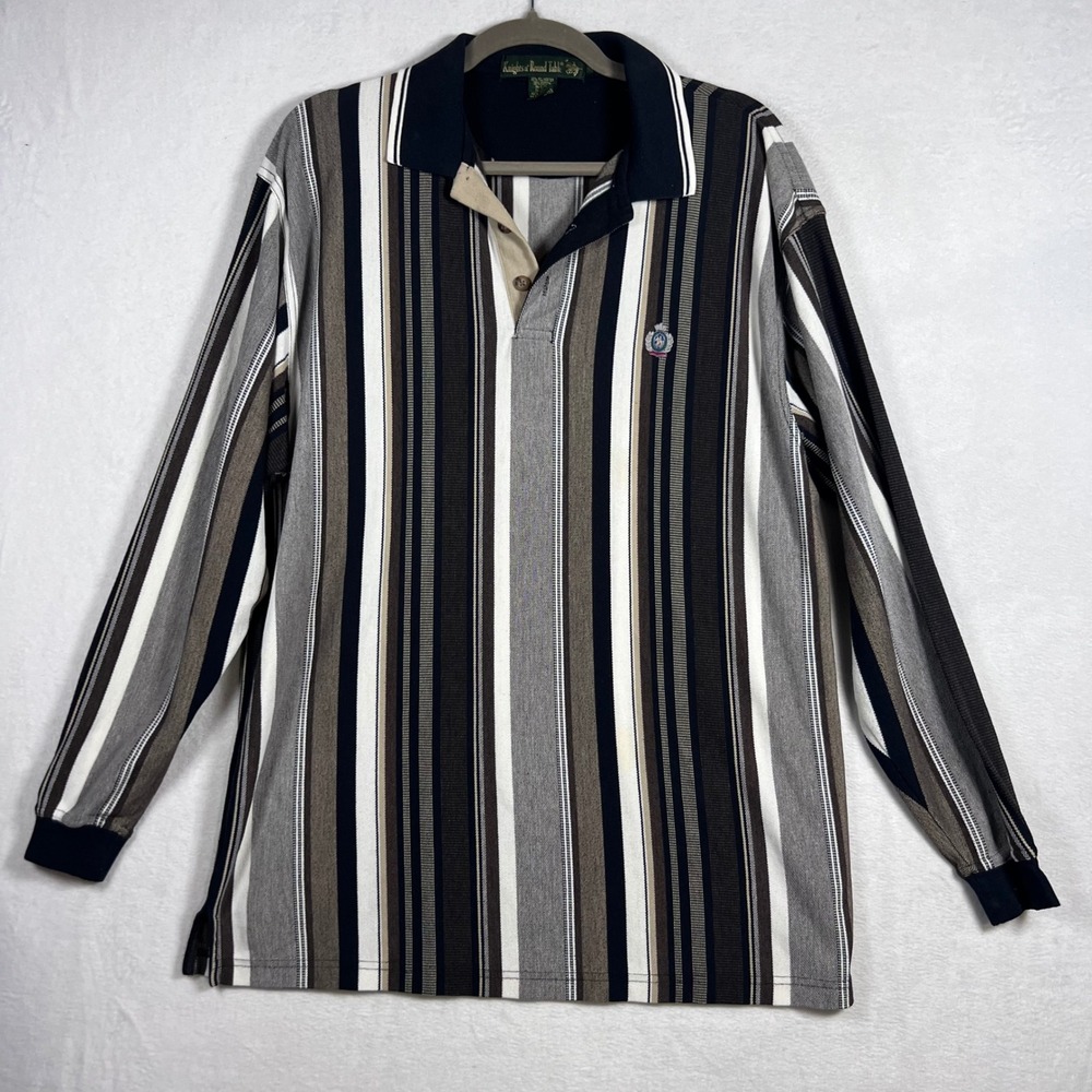 Knights of Round Table Mens Long Sleeve Polo Shirt Striped Crest Logo Medium 90s